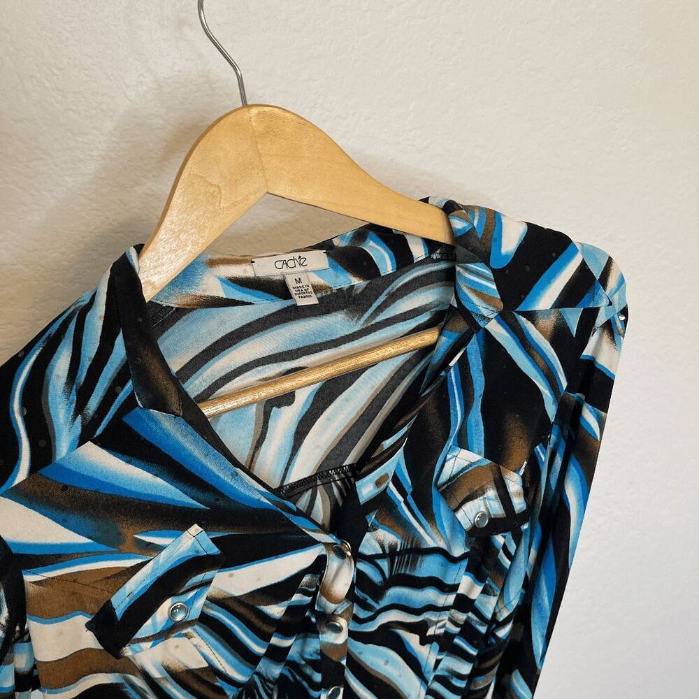 Y2k Vintage Cache Brown and‎ Blue Print Button Down Blouse - Picture 3 of 8